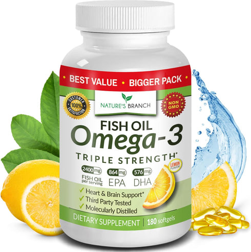 Best Triple Strength Omega 3 Fish Oil Pills - 180 Capsules - 2400mg High Potency Burpless Lemon Flavor 864mg EPA 576mg DHA Ultra Pure Liquid Softg...