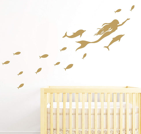 Mermaid Wall Decals, Fish Wall Stickers, Nautical Sea Ocean Dolphin Decal, Vinyl Sticker for Bathroom, Nursery Decor, Home Decor Art Mural A56 (Go...