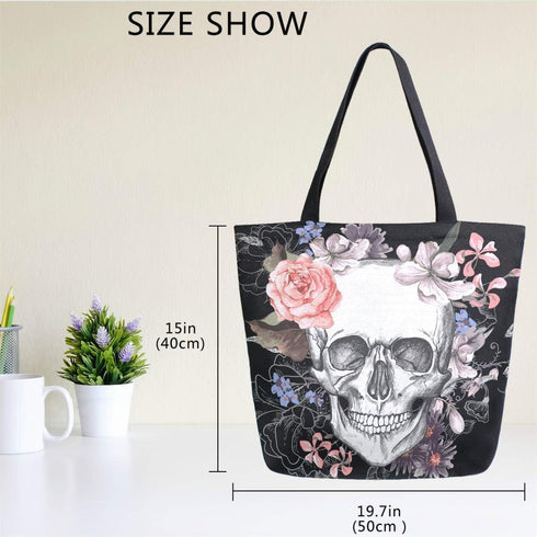 Naanle Day of The Dead Canvas Tote Bag - Large Women's Casual Shoulder Handbag, Floral Skull Reusable Multipurpose Heavy Duty Shopping Grocery Cot...