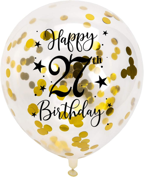 Gold 27th Confetti Latex Balloons, Girls or Boys Happy 27 Years Birthday Party Balloon Decoration With Confetti, 12in, 16 Pack...