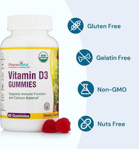 Organic Vitamin D3 Gummy Bears - Tasty, Gelatin-Free, Vegetarian Way to take Your Sunshine Vitamin (60 Count)...