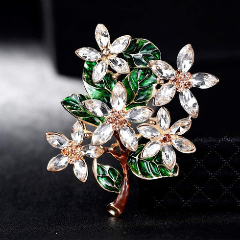 Womens Flower Green Leaf Rhinestone Brooch Pin...