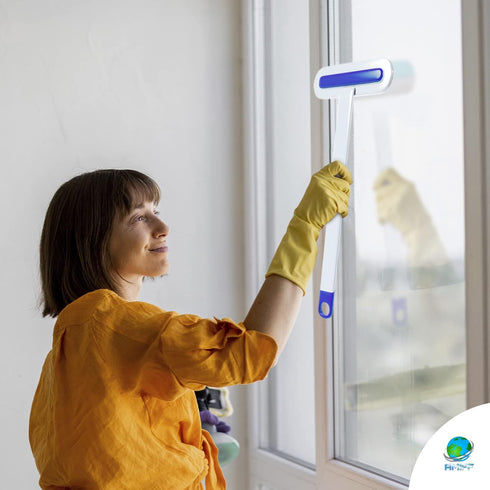2 in 1 Window Screen Cleaner Brush with Handle and Built-in Brush, Blue-White Reusable Window Screen Brush for Wet and Dry Cleaning, Double Sided ...