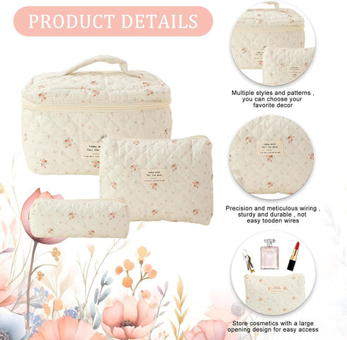 3Pcs Floral Quilted Makeup Bag, Aesthetic Makeup Bag Coquette Makeup Bag Set, Large Capacity Travel Cosmetic Bags for Women Girls (Flowers)...