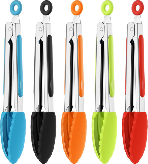 Mudder 5 Pcs Mini Silicone Tongs 7 Inch Small Serving Kitchen Tongs with Silicone Tips Christmas Party Supplies for Salad, Grilling, Frying and Co...