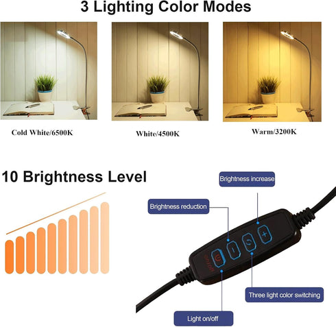 USB Desk Light with Clip, LED Eye-Caring Reading Lights with 3 Color Modes, 10 Brightness Dimmable and Long Flexible Gooseneck Portable Lamp for D...