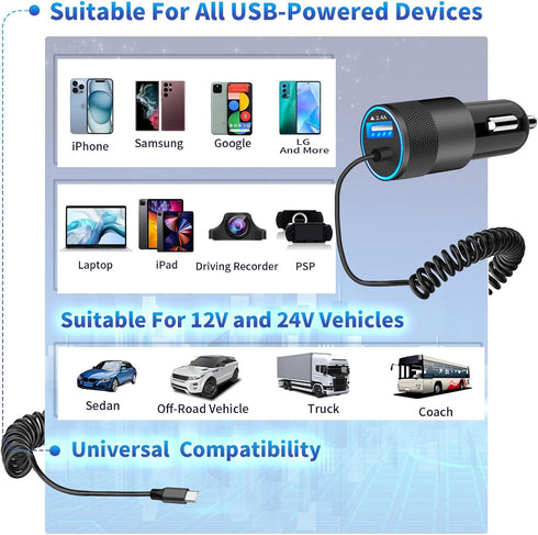 ?MFi Certified? iPhone 15 Car Charger Fast Charging, Rombica 4.8A USB Power Cigarette Lighter USB-C Car Charger Adapter + 6FT Type-C Coiled Cable ...
