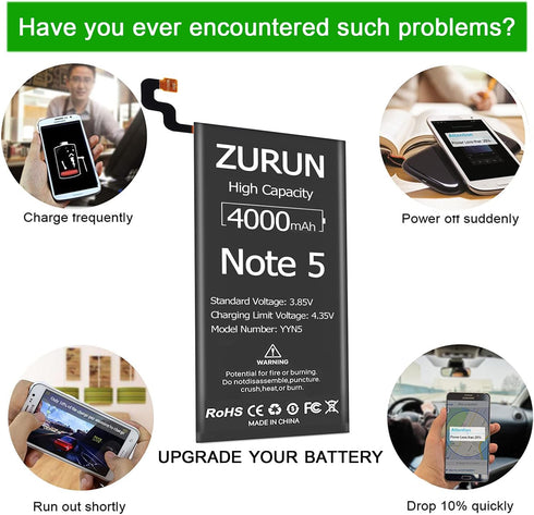 Galaxy Note 5 Battery Upgraded ZURUN 4000mAh Li-Polymer Battery EB-BN920ABE Replacement for Samsung Galaxy Note 5 N920 N920V N920A N920T N920P wit...