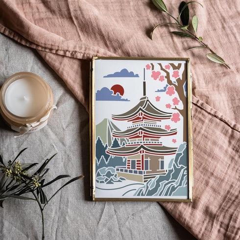 2pcs Japanese Zen Temple Stencil 11.7×8.3inch Large Japanese Style Temples Stencil with Paint Brush Sacred Pagoda Drawing Template for Wood Walls ...