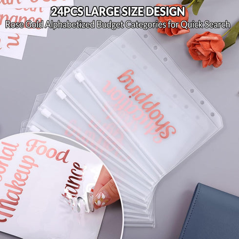 SKYDUE A6 Budget Binder, Money Organizer for Cash with 8pcs Zipper Envelopes,12pcs Expense Budget Sheets & 24 Rose Gold Sticky Labels, Money Savin...