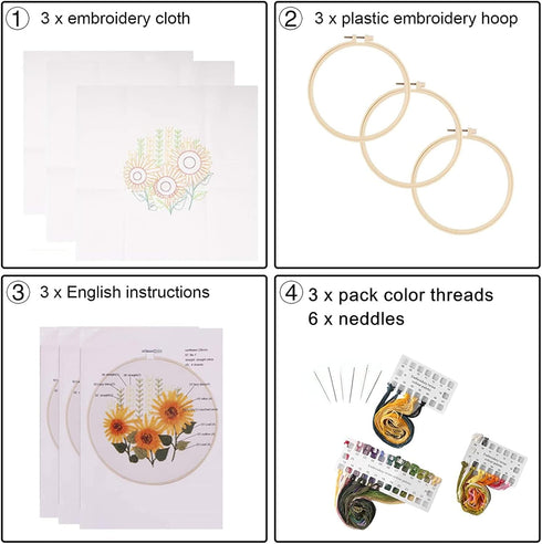Mozzyyee 3 Sets Embroidery Starter Kit for Beginners Adults Include 3 Embroidery Clothes with Floral Pattern Instructions Hoops Floss Thread Fabri...