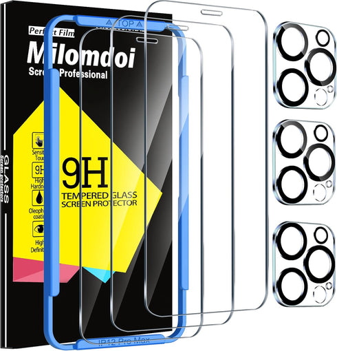 Milomdoi 3 Pack Screen Protector for Apple iPhone 12 Pro Max with 3 Pack Tempered Glass Camera Lens Protector, Ultra 9H Accessories, Case Friendly...