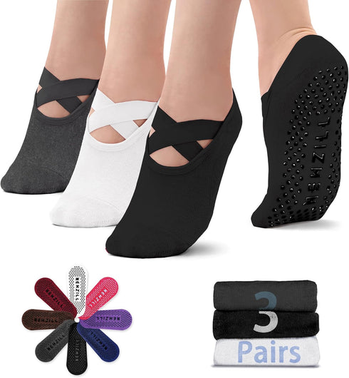 NEWZILL 2024 Non Slip Yoga Socks for Women, Grips Socks with Cushion for Pilates Barre Ballet Dance Hospital (3 Pairs)...