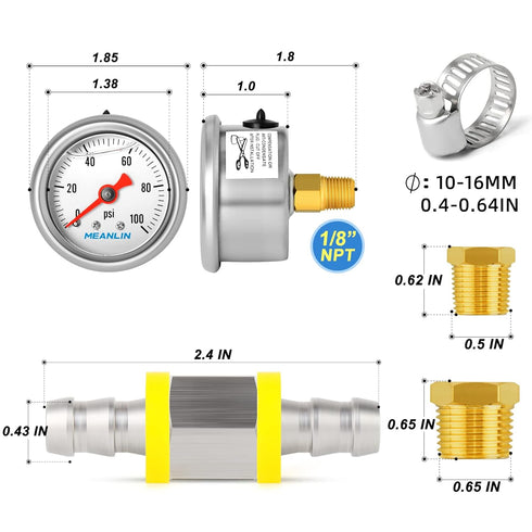 MEANLIN MEASURE 0-100Psi Stainless Steel Glycerin Filled Pressure Gauge 1/8" NPT 1.5" FACE DIAL, with 3/8" Line Pressure Adapter Liquid Filled Pre...