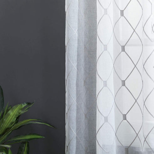 Top Finel Short Sheer Curtains 45 Inch Length for Bathroom,Privacy White and Gray Embroidered Diamond Grommet Window Treatments Curtains for Livin...