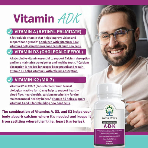 ADK Vitamin Supplement 5000 IU - High Potency Vitamins A, D3, and K2 for Bone Health and Calcium Absorption | Gluten-Free Vitamin ADK Supplement, ...