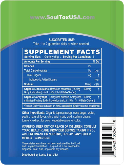 Soultox Focus Lion's Mane Gummies - Citrus Flavor - Vegan Formulation with Organic Lions Mane and Cordyceps - Enhance Memory, Focus and Energy - C...