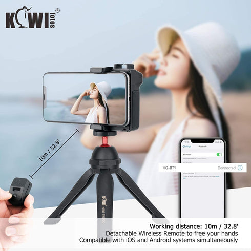 KIWIFOTOS Phone Tripod Mount, Phone Camera Grip Handle Holder with Detachable Bluetooth Shutter and Cold Shoe Adapter for iPhone 14 15 Samsung Sma...