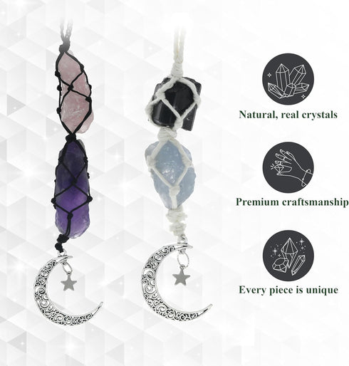 BOHO GARDEN Hanging Car Charm - 2-Pack Rose Quartz & Amethyst + Black Tourmaline & Blue Calcite - Dangling Moon & Healing Crystal Accessories, Rea...
