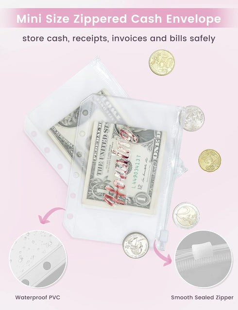 Zreal A7 Budget Binder with 12 Cash Envelopes, Money Organizer for Cash, Hot Pink Mini Binder Wallet for Cash Stuffing Binder, Money Saving Book, ...