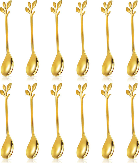 12 PCS Stainless Steel Gold Dessert Spoons, IFeico Coffee Spoons Set, 4.7 inch Ice Cream Leaf Spoon, Tea Demitasse Stirring Spoon for Family Parti...