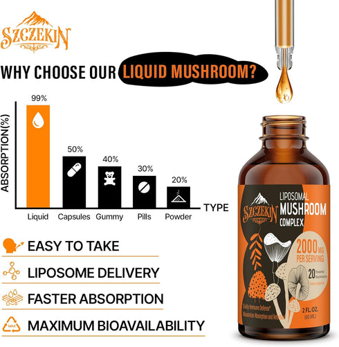Liposomal Mushroom Complex Drops 2000 MG - 20 Organic Mushroom Extracts - Advanced Liquid Formula for Immunity, Cognitive and Memory - Lions Mane ...