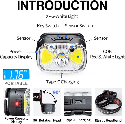 Type-C Rechargeable Red Headlamp (2 Pack), 1200 Lumen 14 Modes Bright White Light Head Lamp with Motion Sensor, IPX4 Waterproof Adjustable Strap H...