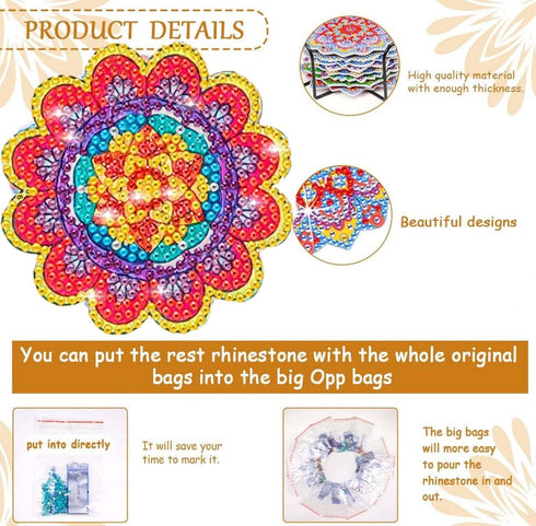 Round Diamond Art 6 Pieces of Diamond Painting Coasters with Brackets, Mandala Art Coasters, Adult DIY Diamond Art Crafts, Small Diamond Painting ...
