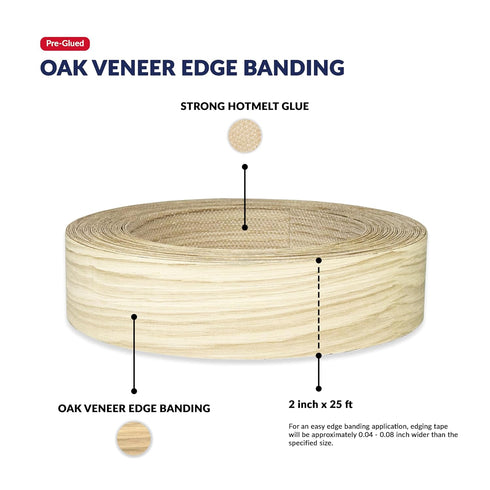 Oak Wood Veneer Edge Banding 2 inch x 25 ft Plywood Edging - Pre-glued Real Wood Veneer - Flexible Easy Application Iron-on Edge Banding for Furni...
