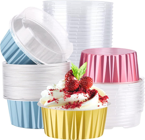EUSOAR Mini Aluminum Pans with Lids, Pack of 30 Gold Bule Red 5oz Disposable Aluminum Foil Cupcake Liners Ramekins Baking Cups, Dessert Cups with ...
