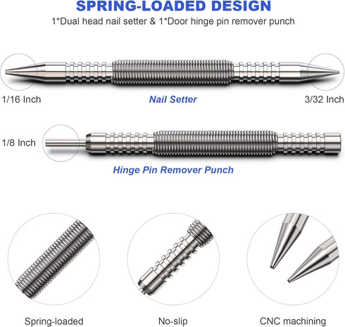 Spring Loaded Nail Set Tools,2-PCS Dual Head Nail Setter and Hinge Pin Punch Set, Hammerless 1/16?& 3/32?Spring Nail Set, Super Strong Force Door ...