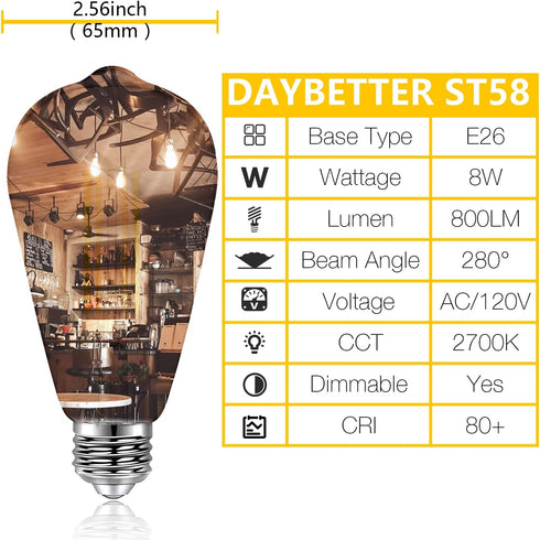 DAYBETTER Vintage LED Edison Bulbs 60 Watt Equivalent, ST58 Antique LED Filament Light Bulbs, Dimmable Led Bulb with E26 Medium Base, Warm White 2...