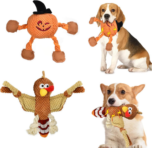 Halloween Squeaky Dog Toys Plush Stuffed Turkey Toys for Puppy Tough Small Dog Pumpkin Toys...