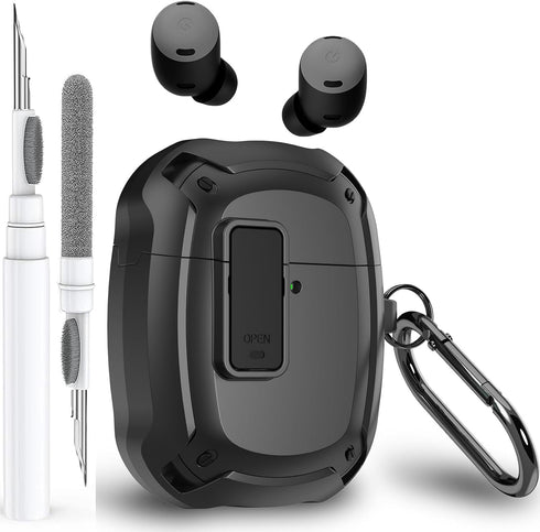 Olytop for Google Pixel Buds Pro Case 2022 with Lock Clip & Cleaner Pen, Rugged Armor Shockproof Protective Hard Cover Skin with Carabiner Men Wom...