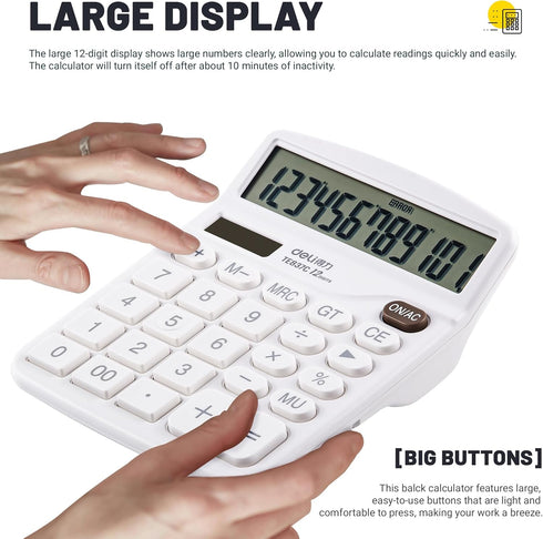 Calculators Desktop, White Calculator, Cute Calculator 12 Digit Desk Calculator Large Display, Dual Power Solar Battery, Office Home School Suppli...