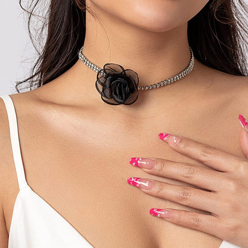 Sparkly Full Rhinestone Choker Necklace with Rose Flower Bling Crystal Beaded Silver Collar Chain Bridal Wedding Costume Jewelry for Women and Gir...