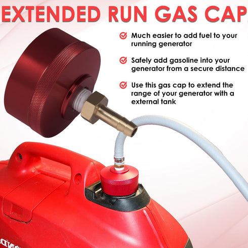 Extended Run Gas Cap with Brass Hose Fitting, Mess Free Oil Change Funnel, Magnetic Oil Dipstick Upgrade Red Aluminum for Honda EU3000i EU2000i EU...