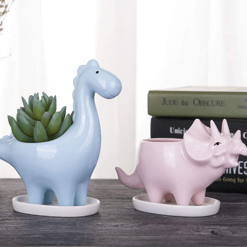 VanEnjoy Desktop Cute Cartoon Herbivorous Dinosaur White Ceramic Succulent Planter with Tray, Bonsai Cactus Flower Pot Vase Holder Decorative Orga...