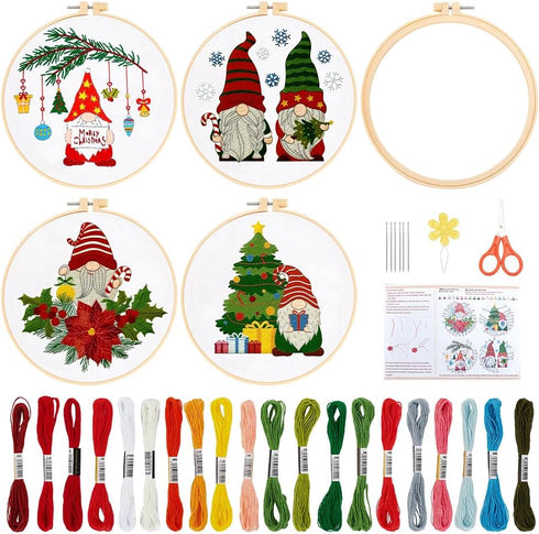 BEUNITONE 4PCS Christmas Gnomes Embroidery Kit Xmas Tree Stamped Cross Stitch Kit Snowflake Mistletoe Needlepoint Kit for Adult Beginner with Inst...