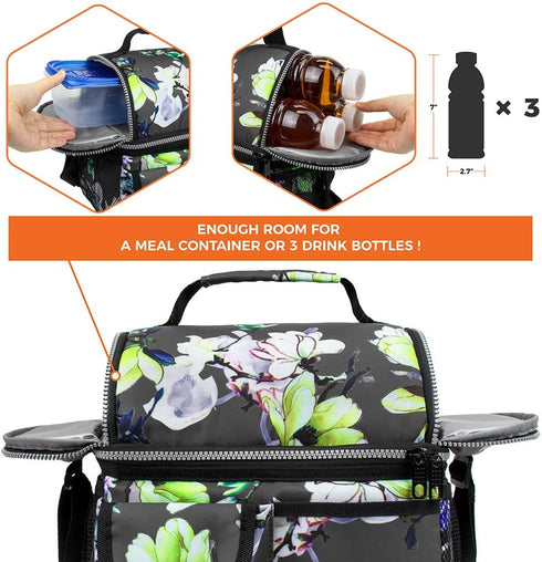 opux Lunch Bag Women Insulated, Adult Lunch Box Cooler, Flower Lunch Box, Dual Compartment Lunchbox for Work, Leakproof Double Decker Lunch Bag, S...