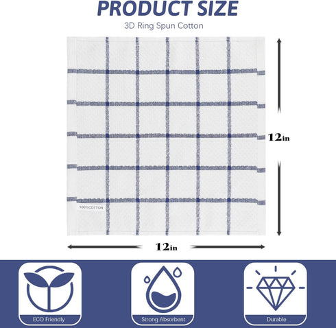 Nialnant Cotton Terry Kitchen Towels,12 x 12 Inches Dish Cloths Set of 8,Super Soft and Absorbent Dish Rags for Cleaning - Navy Blue Plaid...