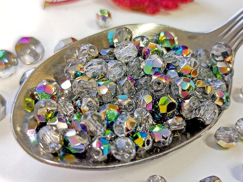 Set of Czech Glass Fire Polished Beads in Crystal Vitrail Color for Making Jewelry and Crafts - Different Sizes 3 mm, 4 mm, 6 mm, 8 mm. Total 275 ...