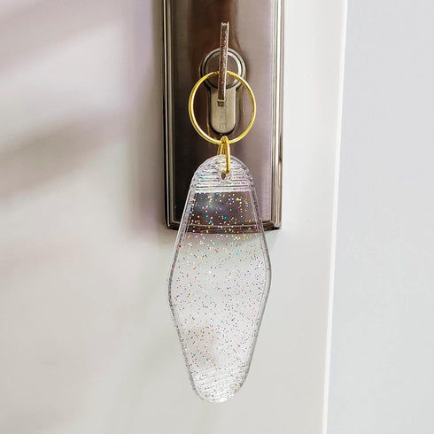 10pcs Blank Hotel Keychains Bulk Vintage Motel Keychain Vinyl Keychains Gold Ring (Clear with Glitter)...