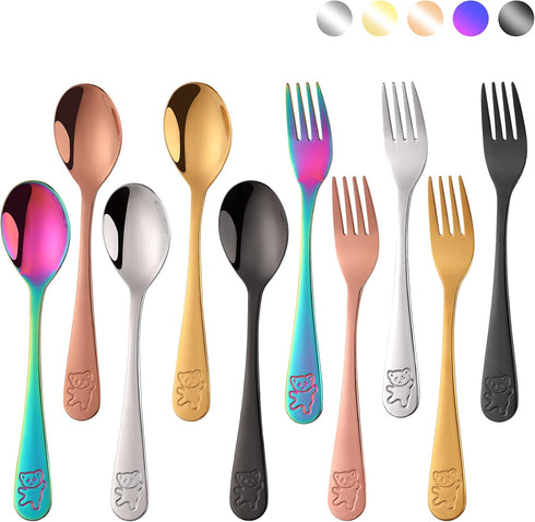 Kids Silverware Set, Poylim Children's Flatware,Safe Toddler Utensils, 5 Child Forks and 5 Child Spoons...