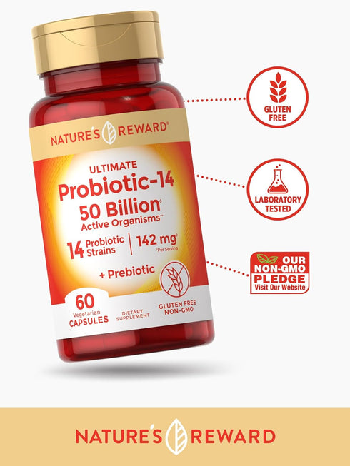 Nature's Reward Probiotics with Prebiotics - 120 Capsules - 142 mg - 50 Billion Active Organisms - Vegetarian, Non-GMO & Gluten Free Supplement...