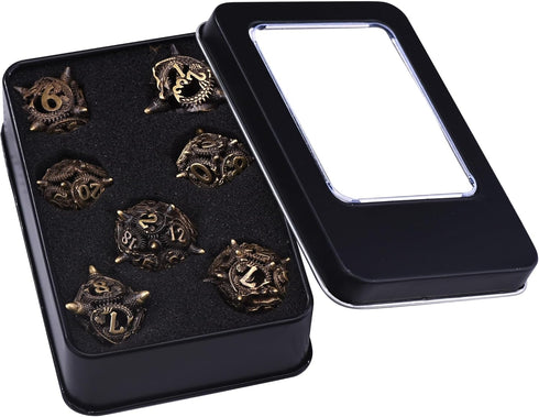 AUSTOR Metal DND Dice Set Dragon DND Hollow Metal Dice 7 Pieces Polyhedral Dice D20 D12 D10 D% D8 D6 D4 Dice with Metal Box for Dungeons & Dragons...