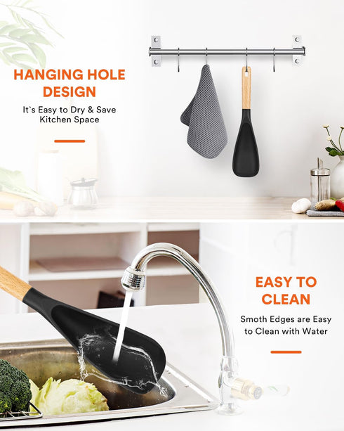 Cooking Spoon for Nonstick Cookwares, Great for Cooking and Serving Durable BPA-Free Matte Silicone, Wood Handle Spoon for Mixing, Scoop, and Scra...