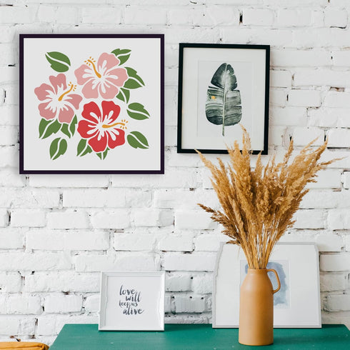 FINGERINSPIRE Hibiscus Flowers Stencil 11.8x11.8 inch Hawaii Flower Stencil Reusable Square Flowers Leaf Plant Washable DIY Stencil Template for P...