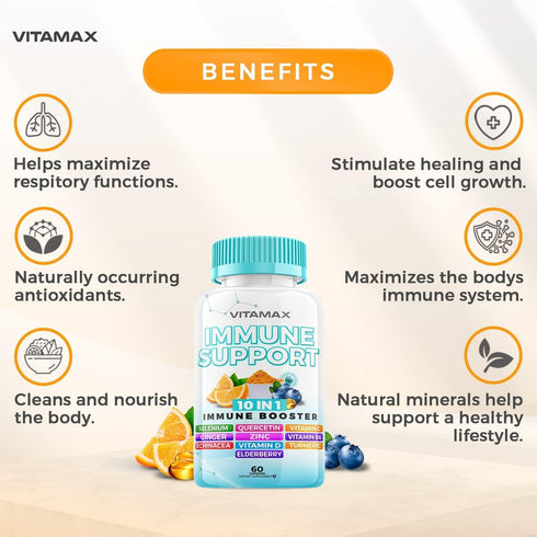 10-in-1 Immune System Support Booster with Elderberry, D3, Selenium, Quercetin, Zinc, Vitamin C, Ginger, Turmeric Curcumin, B6, Echinacea – Natura...