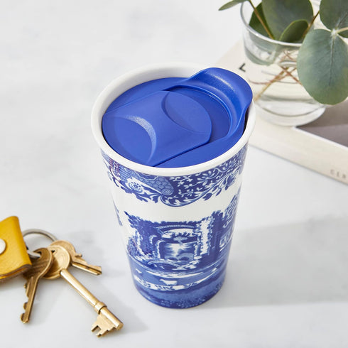 Spode Blue Italian 8oz Porcelain Travel Mug with Lid – Scenic Patterned Drinkware with Decorative Border - Portable Ceramic Coffee Cup for Brunch,...